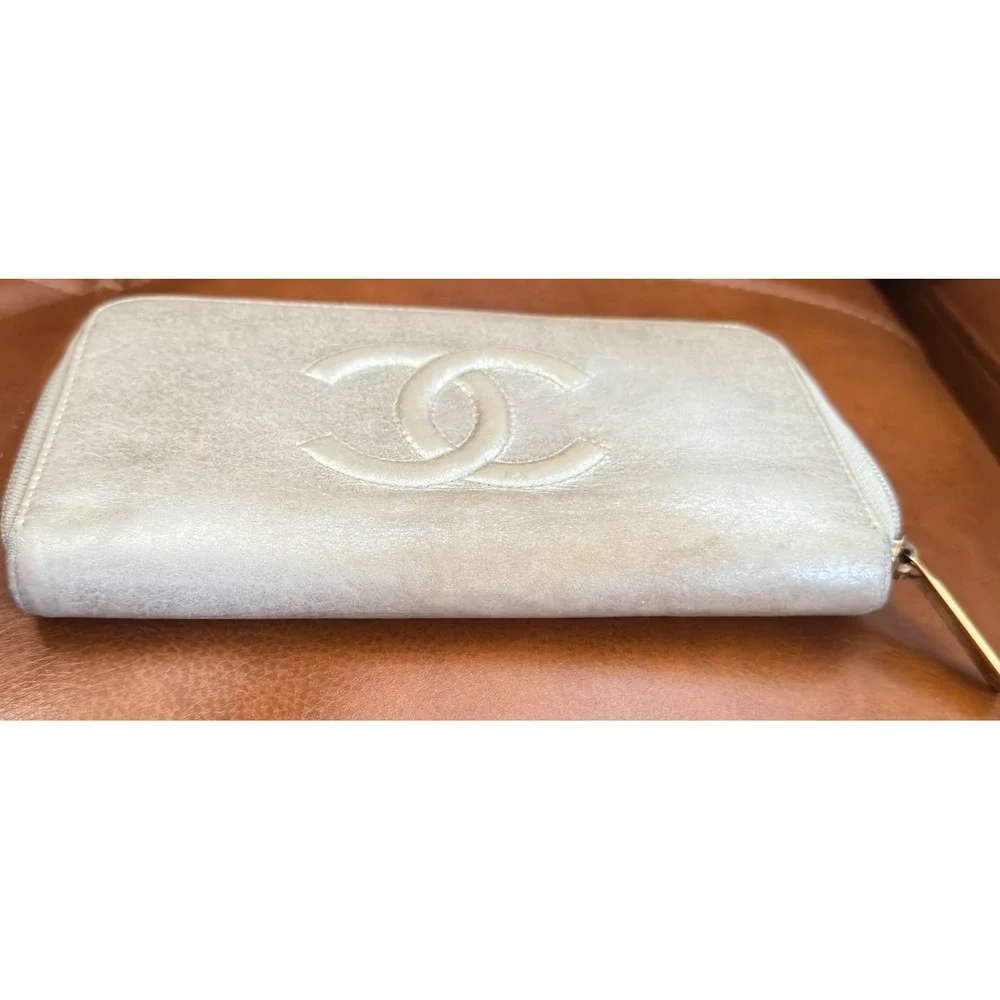 Chanel Timeless CC Zip Around Long Wallet Metallic Champagne Gold Leather Italy